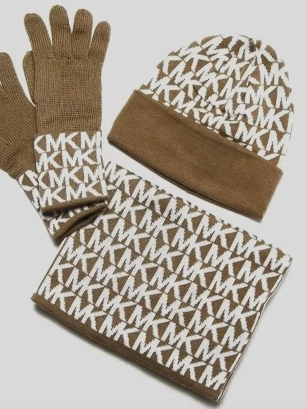 Michael Kors MK Monogram Hat Scarf & Gloves Set – Brown & White – NWT